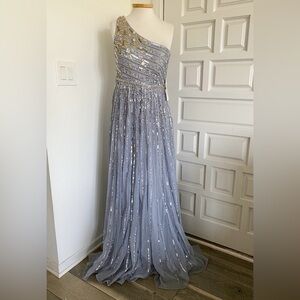 NWT Mac Duggal Gown Dress Silver Beaded Cinderella A-line One Shoulder 5220 Sz 8